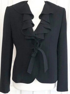 ANNE KLEIN Elegant Black Ruffle Neckline & Button/Waist Tie Evening Jacket - EUC